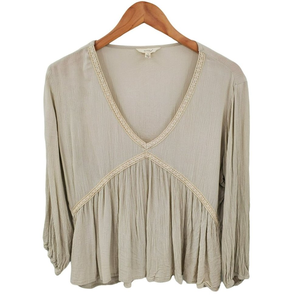 Sim & Sam Cream/Ivory Long Sleeve Tunic Top Womens Sz L Peasant Boho Cottagecore